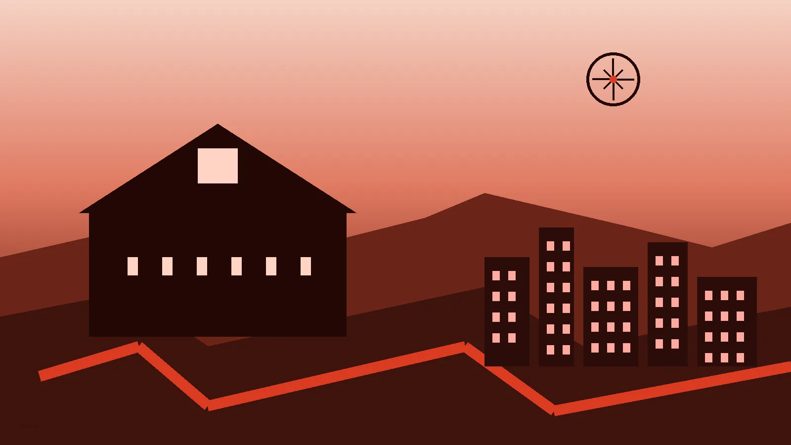 Drawn house, skyline and compass beside a warm gradient